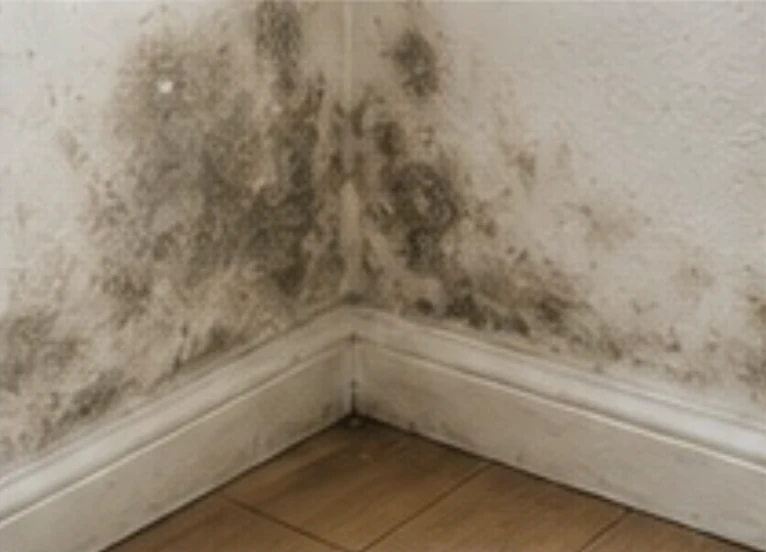 Moisissures dans un angle intérieur révélant une humidité dissimulée lors de la vente du logement