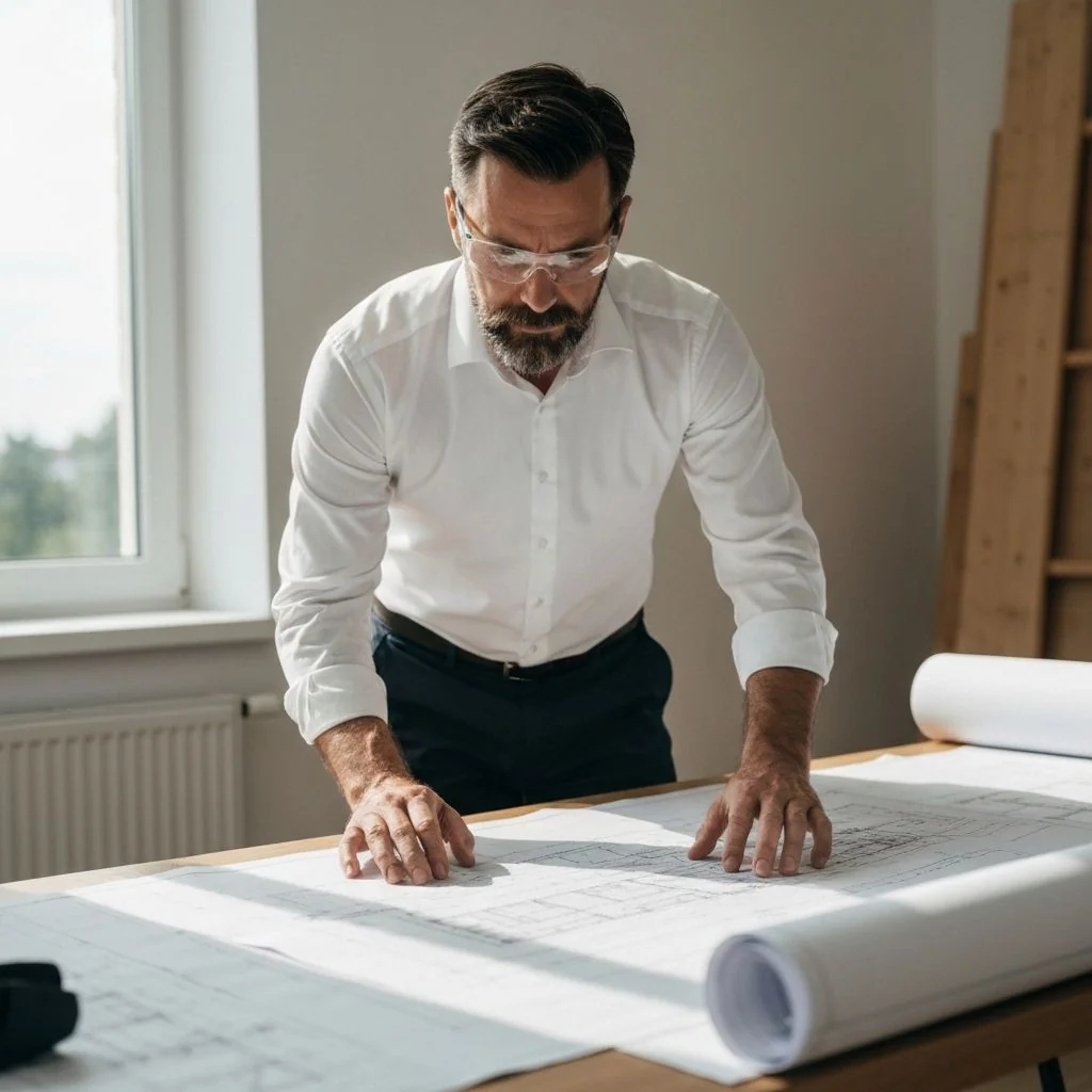 Expert bâtiment analysant les plans et documents contractuels d'un chantier pour identifier une malfaçon
